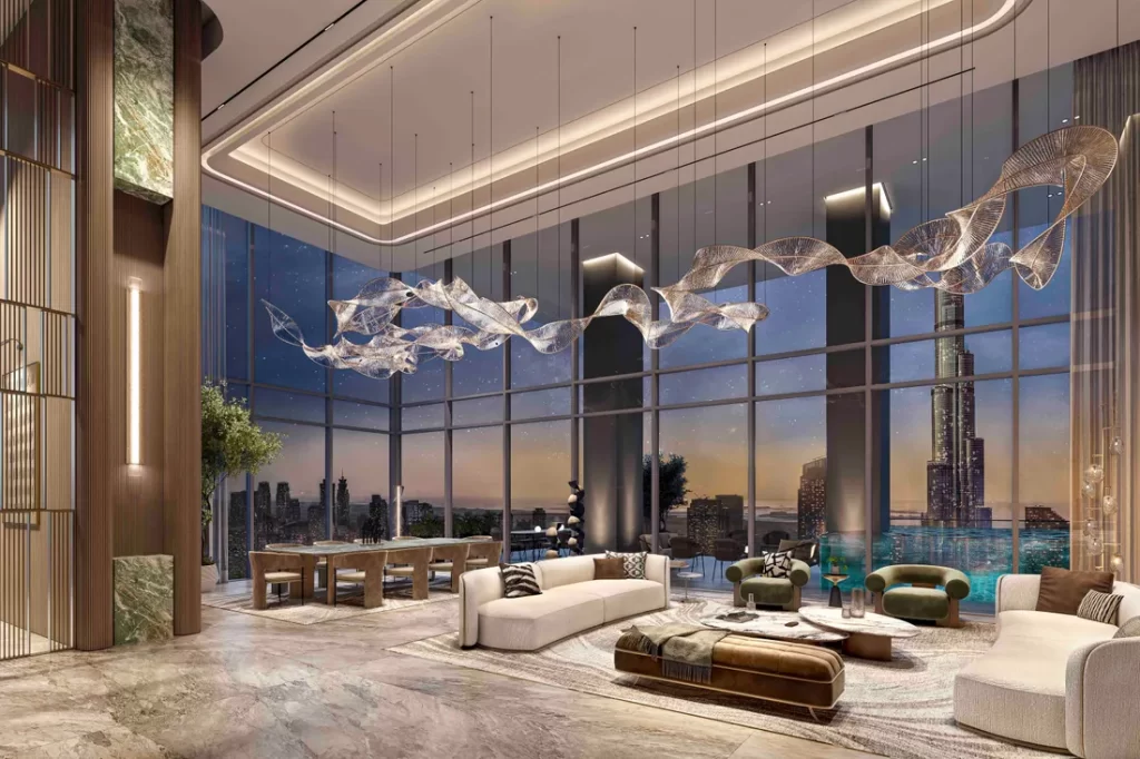 Luxurious Burj Khalifa Sky Palace featuring breathtaking city views, elegant interiors, and world-class amenities in Dubai’s most exclusive residence.